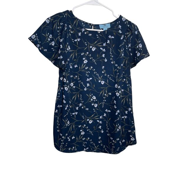 Cece Blouse Women's Small Navy Floral Short Sleeve Printed Lightweight Top - Picture 1 of 9